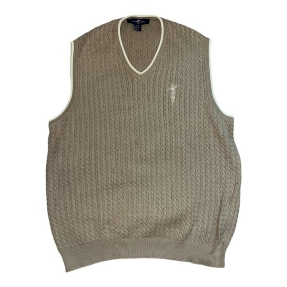 Mens Vintage Cotton Traders Beige Cable Knit Sweater Vest 100% Cotton Sz Large